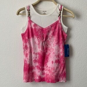 Greendog Pink and White Tank Top with Floral Accent